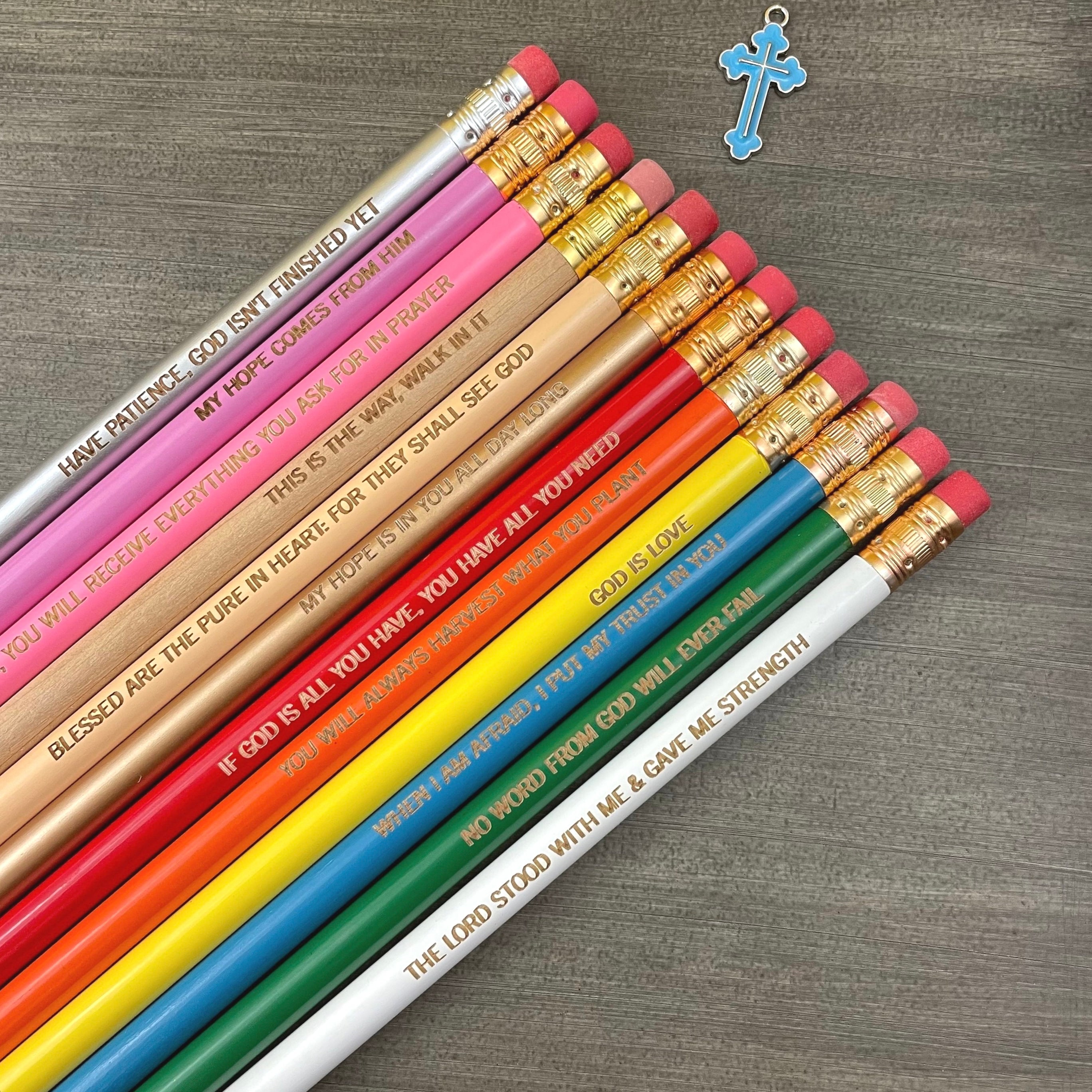 Uplifting Bible quotes pencil set of 12. engraved pencil set. baptismal gift. easter gifts. Christian stocking stuffers.