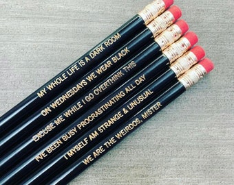 spooky babe  pencil set of 6 black engraved pencils.