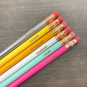 days of the week engraved pencil set of 6. rainbow personalized pencils for teacher appreciation week gifts, image 1