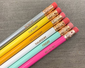 days of the week engraved pencil set of 6. rainbow personalized pencils for teacher appreciation week gifts,