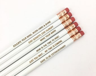 Dare to be extraordinary inspiring pencils in white 6 six engraved pencils in black.  back to school. teacher appreciation gift