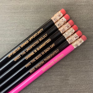 words to live by, engraved personalized pencil set of six in black and pink. teacher appreciation week pencils. mother’s day