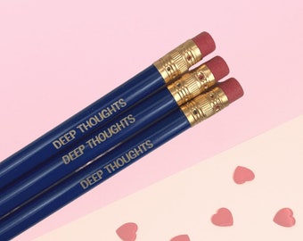 deep thoughts personalized pencil set engraved 3 blue pencils. personalized teachers gifts. teacher appreciation gift