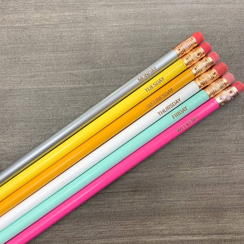 days of the week engraved pencil set of 6. rainbow personalized pencils for teacher appreciation week gifts, image 4