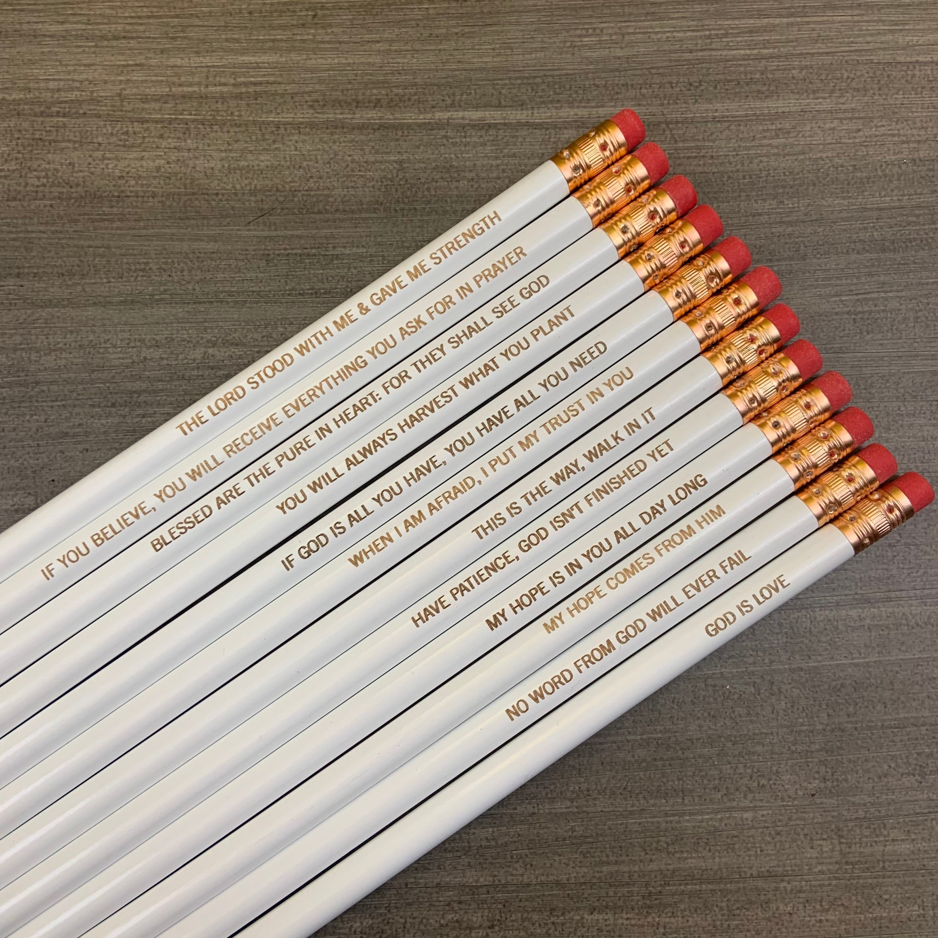 Uplifting Bible quotes pencil set of 12. engraved pencil set. baptismal gift. easter gifts. Christian stocking stuffers.