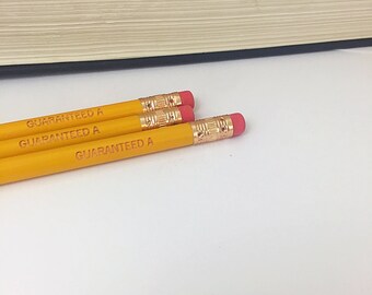 guaranteed A engraved pencils in yellow. multiple quantities available. lucky exam pencil.