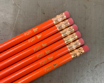 foxy fox orange set of 6 personalized engraved pencils with a fox. perfect gift for fox totem and fox lovers.