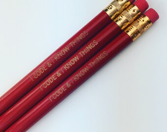 I code and I know things Pack of three engraved pencils in red. For your favorite intelligent computer programmer. valentine’s day