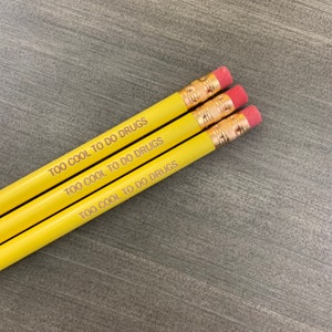 too cool to do drugs pencil set in mustard. 3 pencils. engraved pencil set.