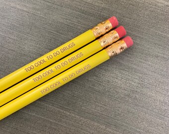 too cool to do drugs pencil set in mustard. 3 pencils. engraved pencil set.