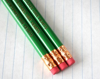 even artichokes have hearts three 3 engraved pencils in green. Hilarious pencils for veggie lovers and deadpan snarkers everywhere.