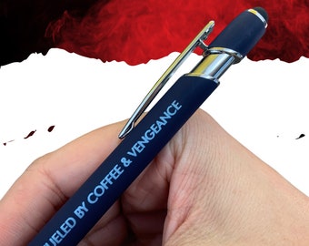 fueled by coffee and vengeance pen stylus. For plotting the downfall of your enemies. Galentine’s gifts for coffee lovers.