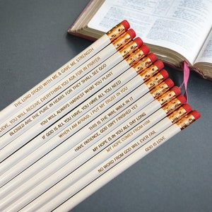 Scripture Pencil Set of 12 – Baptism Gift, Easter Basket Filler, Church Favor. Engraved Bible Pencils.