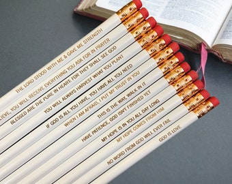 Uplifting Bible quotes pencil set of 12. engraved pencil set. baptismal gift. easter gifts.