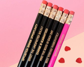 words to live by, engraved personalized pencil set of six in black and pink. teacher appreciation week pencils. mother’s day