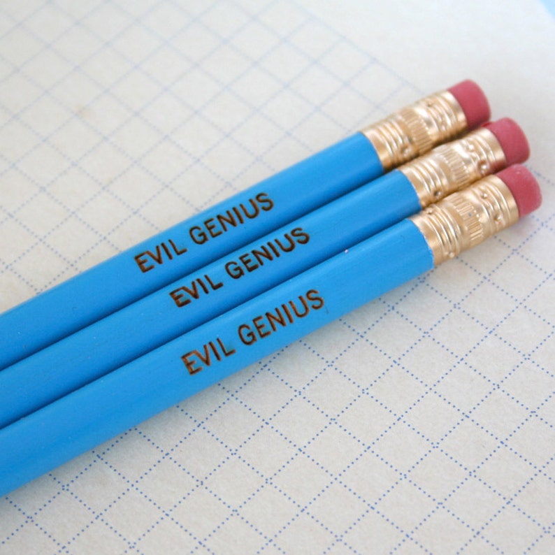 evil genius Personalized pencil set of 3 in aqua for plotting total world domination. or your neighborhood at least. image 5