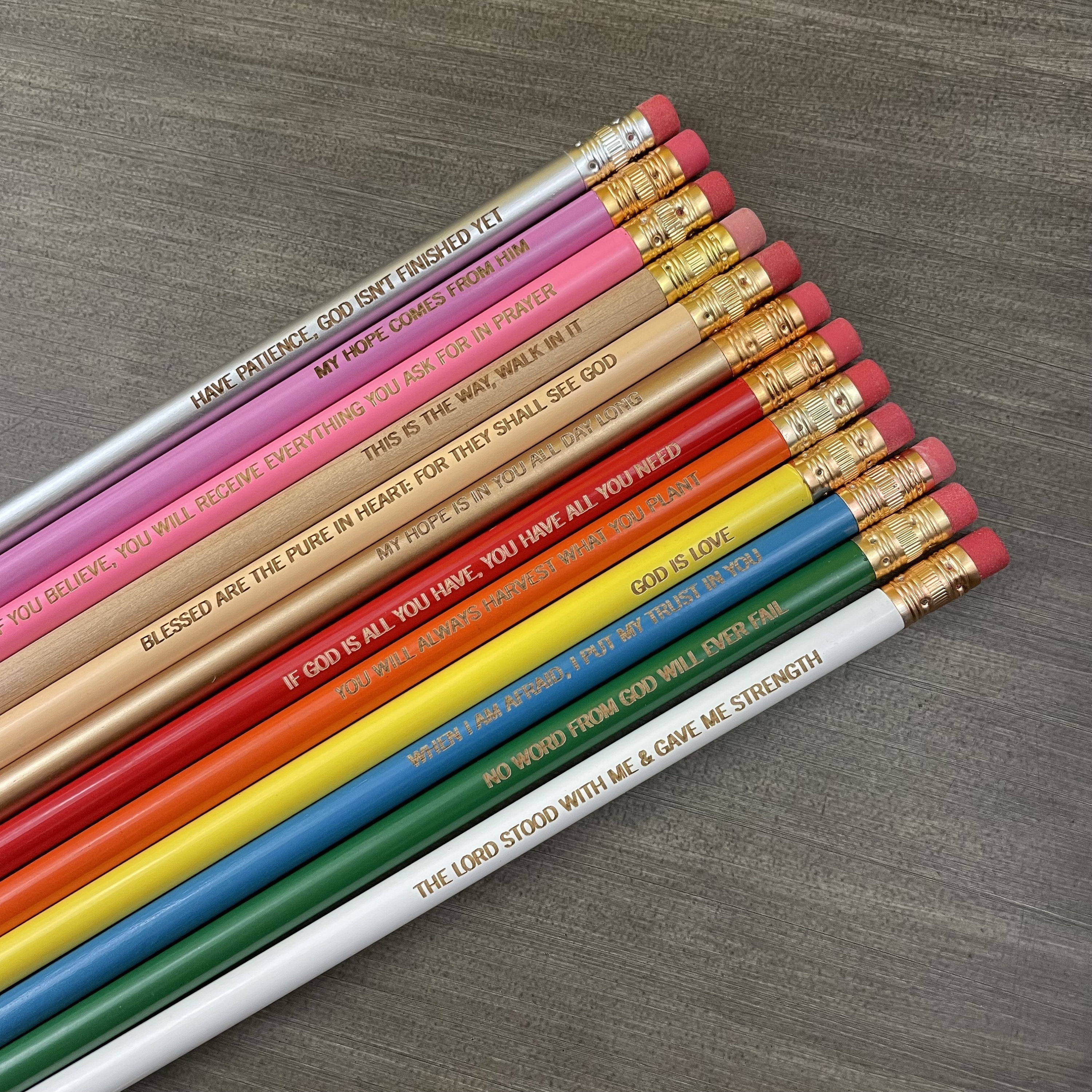 Uplifting Bible quotes pencil set of 12. engraved pencil set. baptismal gift. easter gifts. Christian stocking stuffers.
