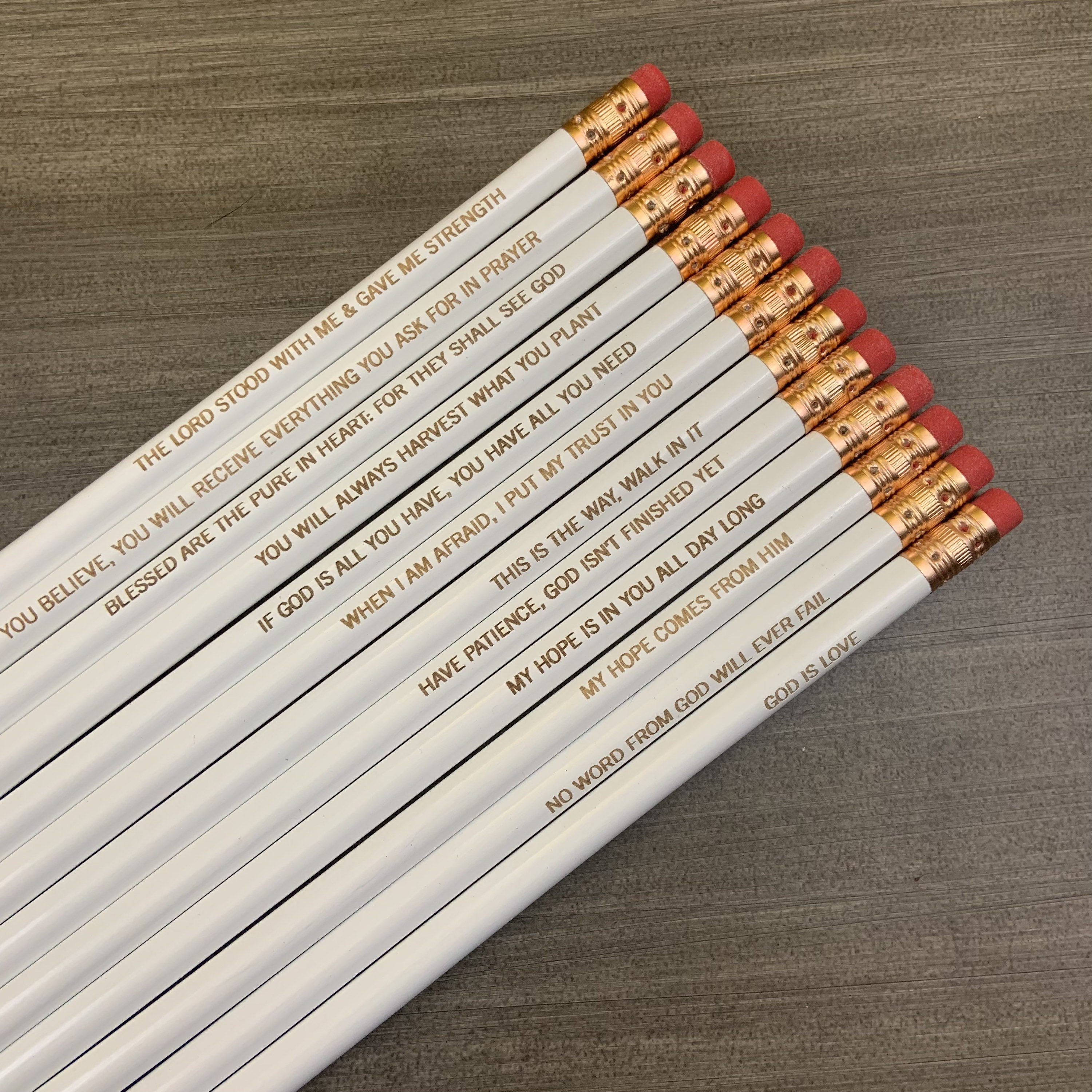 Uplifting Bible quotes pencil set of 12. engraved pencil set. baptismal gift. easter gifts. Christian stocking stuffers.