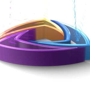 May include: A 3D abstract logo design featuring three interlocking, rounded triangles. The design incorporates a gradient of colors, including purple, orange, and blue, with a white background and a subtle shadow.