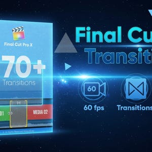 May include: A blue box with the text "Final Cut Pro X Transitions" and "170+ Transitions." The box also displays "60 fps" and "Full HD" icons. The background is dark blue with bright blue light effects.