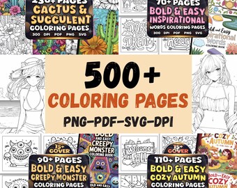 500+ Coloring Pages Mega Bundle | Autumn, Cactus, Monsters & Quotes | PNG PDF Svg | KDP Interior