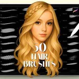 Könnte beinhalten: Digitales Kunstbild auf einem Tablet-Bildschirm mit 50 Haarbürsten. Das Bild zeigt ein Porträt einer Frau mit langen, welligen blonden Haaren. Ein Stift schwebt über dem Bildschirm, und der Text "50 HAIR BRUSHES" wird angezeigt.