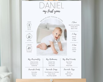 1歳の誕生日のマイルストーンボード、編集可能なベビーポスター、モダンな1歳の誕生日、赤ちゃんの最初の1年、ミニマリストのマイルストーンデザイン、すぐにダウンロードできます
