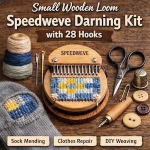 May include: A wooden Speedweve darning kit with 28 hooks, scissors, needles, and buttons. The kit includes a small wooden loom with a woven patch in blue, yellow, and white. Text on the image reads "Small Wooden Loom Speedweve Darning Kit with 28 Hooks".