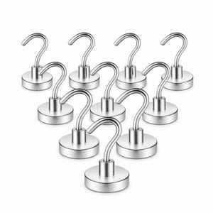May include: A set of ten silver-colored magnetic hooks arranged in a triangular pattern. Each hook has a curved top and a circular base. The hooks are made of metal and are designed for hanging items.