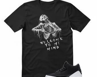 Maglietta Welcome To My Mind da abbinare alle AJ 3 Retro Gum, maglietta gotica horror con scheletro, t-shirt abbinata alle sneaker, streetwear grunge dark estetico