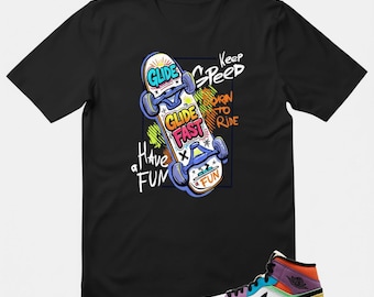 Maglietta Glide Fast Skate abbinata alle AJ 1 Mid SE Fearless Maison Chateau Rouge, maglietta grafica da skateboard, t-shirt abbinata alle sneaker, abbigliamento streetwear