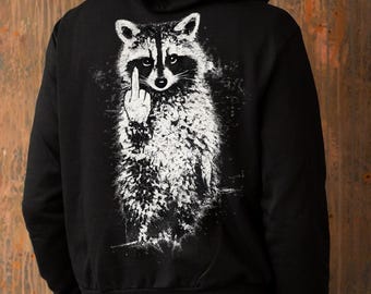 Mapache grunge con el dedo medio en formato PNG, gráfico de sublimación de animales rebeldes (descarga instantánea)