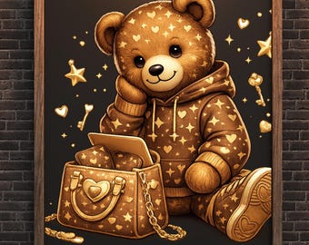 Sudadera con capucha de oso acogedor PNG, imágenes prediseñadas de oso pardo, gráfico de estrellas y corazones (descarga digital)