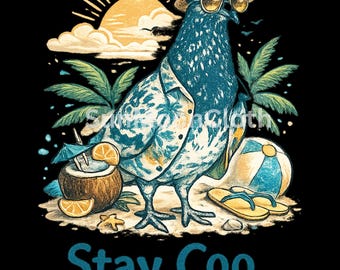 Divertida paloma de verano en la playa (PNG), imágenes prediseñadas de aves tropicales (descarga para sublimación)