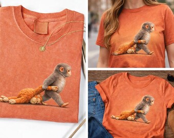 Mono divertido arrastrando un juguete PNG / Ilustración humorística de animales (descarga digital)