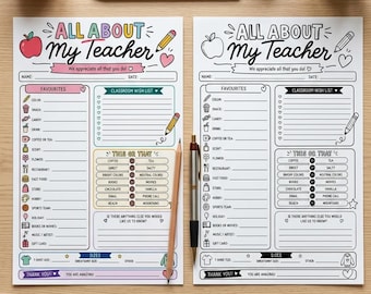 Encuesta imprimible sobre los favoritos del profesor para la vuelta al cole, cuestionario de agradecimiento al profesor en PDF, formulario de lista de deseos para el aula, presentación del profesor en formato A4
