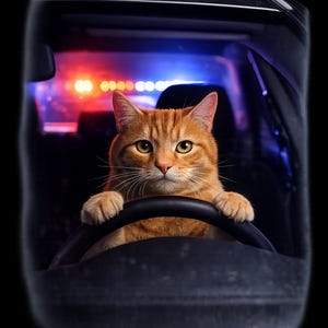May include: An orange tabby cat sits behind the steering wheel of a police car, paws resting on the wheel. The interior is dark, with red and blue emergency lights flashing in the background. The cat looks directly at the viewer.