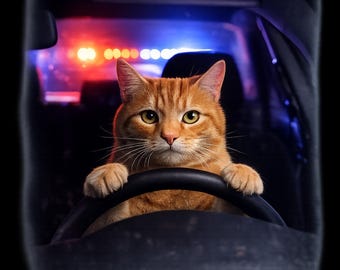 Imagen PNG de un gato gracioso conduciendo un coche, meme con luces de policía (descarga digital).