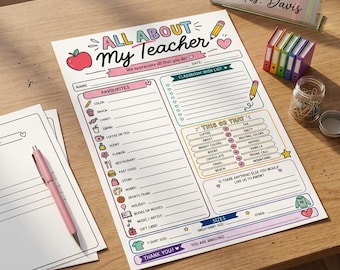 Todo sobre mi profesor/a (imprimible), cuestionario para profesores de vuelta al cole, formulario imprimible de cosas favoritas, editar con Canva, PDF A4