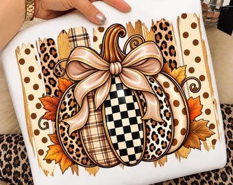 Calabaza de otoño PNG, Lazo de calabaza con leopardo PNG, Imágenes prediseñadas de calabaza a cuadros, Diseño de sublimación de otoño, Halloween de granja PNG, Diseño de camiseta