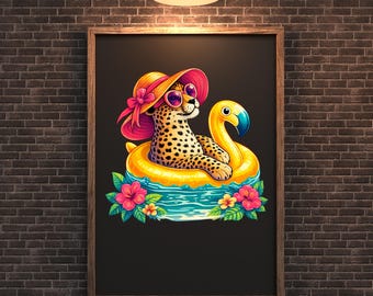 Flotador de piscina con estampado de guepardo y flamenco (PNG), diseño de camiseta tropical de verano (descarga digital)