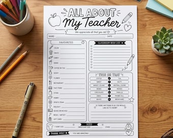 Cuestionario para el profesor del primer día de clases, imprimible de los favoritos del profesor para la vuelta al cole, formulario de encuesta de la lista de deseos de la clase en PDF, actividad del alumno en formato A4