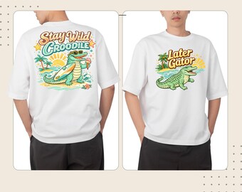 Paquete de diseños de camisetas de cocodrilo, archivos PNG para la parte delantera y trasera, gráficos de sublimación para playa de verano.