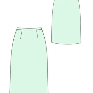 Pode incluir: Duas ilustrações de saias lápis verde claro. As saias têm cintura alta e silhueta reta. As saias são mostradas da vista frontal. As saias são de cor sólida e têm um design simples.