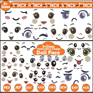 Könnte beinhalten: Eine Sammlung von gestickten Puppengesichtsdesigns in verschiedenen Größen, darunter 7,6, 10,2, 12,7, 15,2 und 17,8 cm. Die Designs zeigen verschiedene Augenformen, Münder und Rouge-Details. Das Bild enthält auch Text, der Stickdesign und Dateiformate angibt.