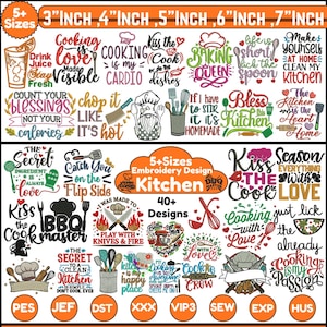 Peut inclure: Ensemble de motifs de broderie sur le thème de la cuisine, avec des phrases et des graphiques. Les motifs incluent des textes tels que "Cooking is Love" et "Kiss the Cook", ainsi que des images d'ustensiles de cuisine et d'aliments. Disponible en 5+ tailles, de 7,6 à 17,8 cm.
