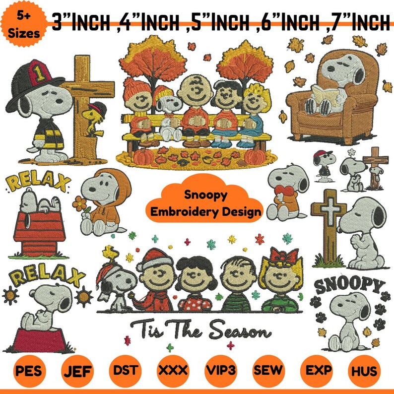 Snoopy Fall Pattern Fall Snoopy Machine Embroidery Design Bundle Cute Snoopy Embroidery Tis ...