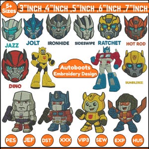 Peut inclure: Plusieurs broderies Autobots colorées, avec Jazz, Jolt, Ironhide, Sideswipe, Ratchet, Hot Rod, Dino, Bumblebee et Optimus Prime. Les tailles varient de 7.6 cm à 17.8 cm. Le texte "Autoboots Embroidery Design" est visible.