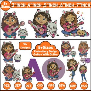 Puede incluir: Una colección de diseños de bordado que presentan a una niña de dibujos animados con orejas de gato tocando la guitarra, acompañada de un gato. Los diseños están disponibles en varios tamaños, de 7,6 cm a 17,8 cm. También se incluye el texto "Gabby With Guitar".