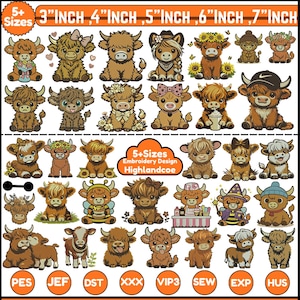 May include: A collection of cartoon Highland cow embroidery designs in various sizes, ranging from 3 to 7 inches. The designs feature cute cows with accessories like bows, hats, and flowers. The text "5+ Sizes" and "Embroidery Design Highlandcoe" are also visible.